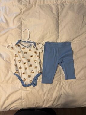 Blue and White Bear Print Baby One-Piece with Blue Pants